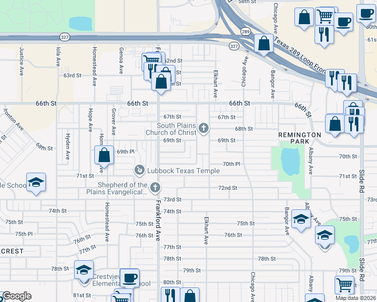 map of restaurants, bars, coffee shops, grocery stores, and more near 6905 Evanston Avenue in Lubbock