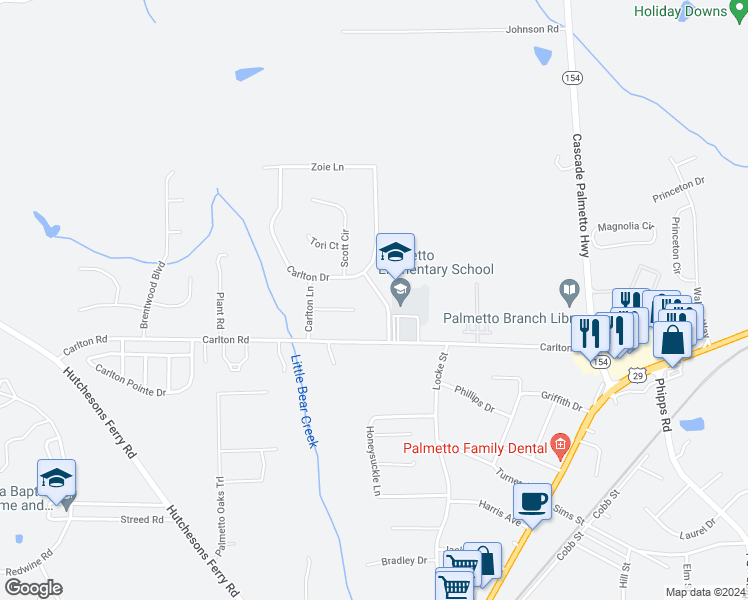 map of restaurants, bars, coffee shops, grocery stores, and more near 510 Carlton Boulevard in Palmetto