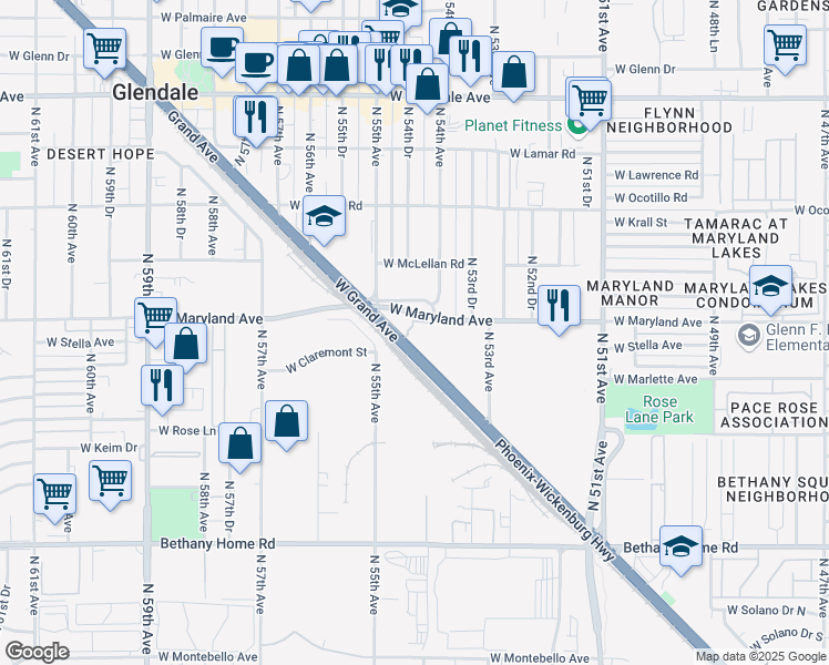 map of restaurants, bars, coffee shops, grocery stores, and more near 5450 Phoenix-Wickenburg Highway in Glendale