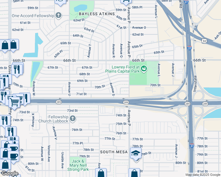 map of restaurants, bars, coffee shops, grocery stores, and more near 1901 70th Street in Lubbock