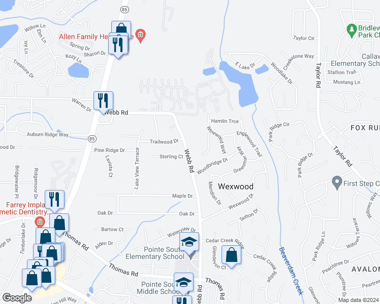 map of restaurants, bars, coffee shops, grocery stores, and more near 8200 Webb Road in Riverdale