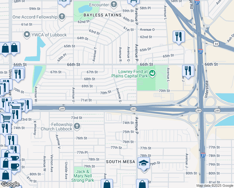 map of restaurants, bars, coffee shops, grocery stores, and more near 1901 70th Street in Lubbock