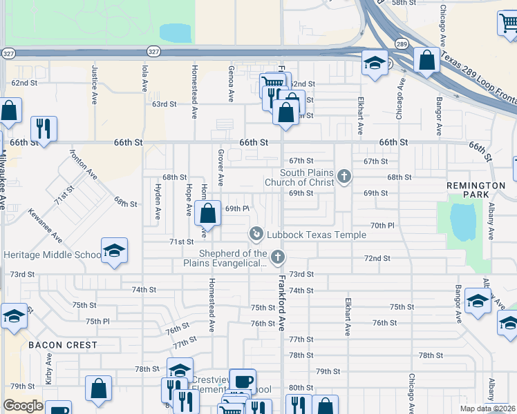 map of restaurants, bars, coffee shops, grocery stores, and more near 6907 Fulton Ave in Lubbock
