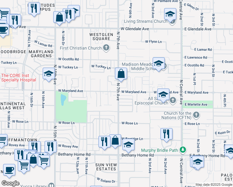 map of restaurants, bars, coffee shops, grocery stores, and more near 6346 North 5th Avenue in Phoenix