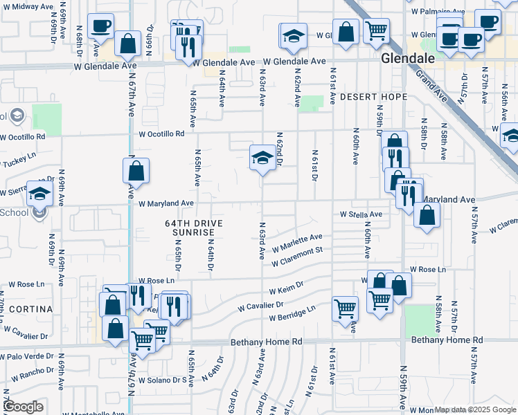 map of restaurants, bars, coffee shops, grocery stores, and more near in Glendale