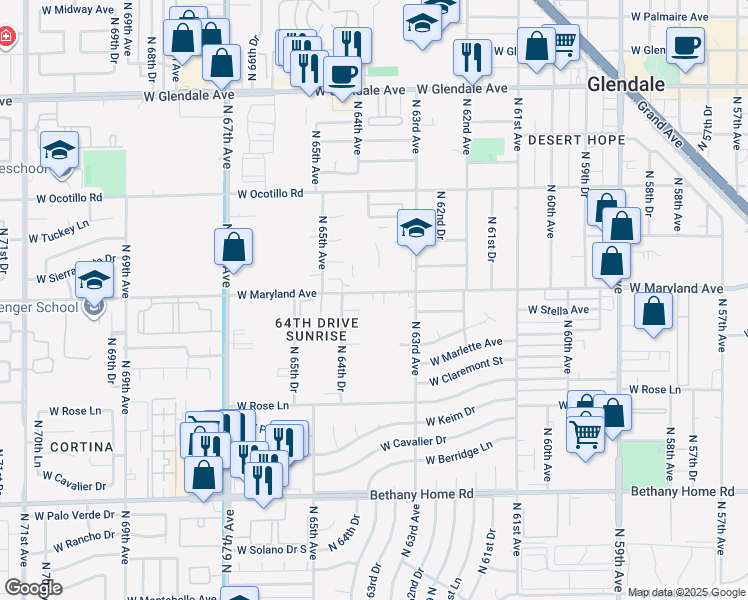 map of restaurants, bars, coffee shops, grocery stores, and more near 6347 West Maryland Avenue in Glendale