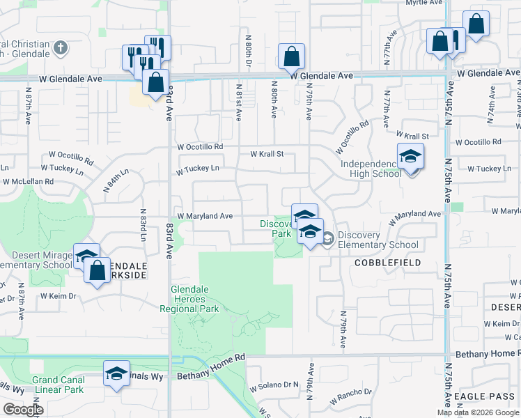 map of restaurants, bars, coffee shops, grocery stores, and more near 7950 West Maryland Avenue in Glendale