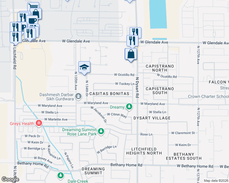 map of restaurants, bars, coffee shops, grocery stores, and more near 13217 West McLellan Road in Glendale