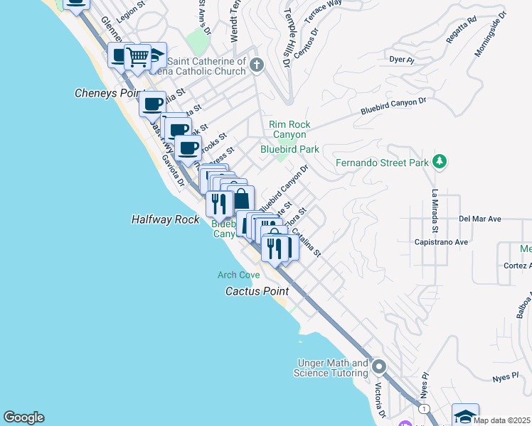 map of restaurants, bars, coffee shops, grocery stores, and more near 361 Bluebird Canyon Drive in Laguna Beach