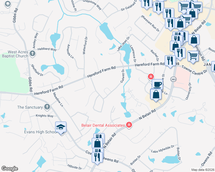 map of restaurants, bars, coffee shops, grocery stores, and more near 625 Dunloe Circle in Evans