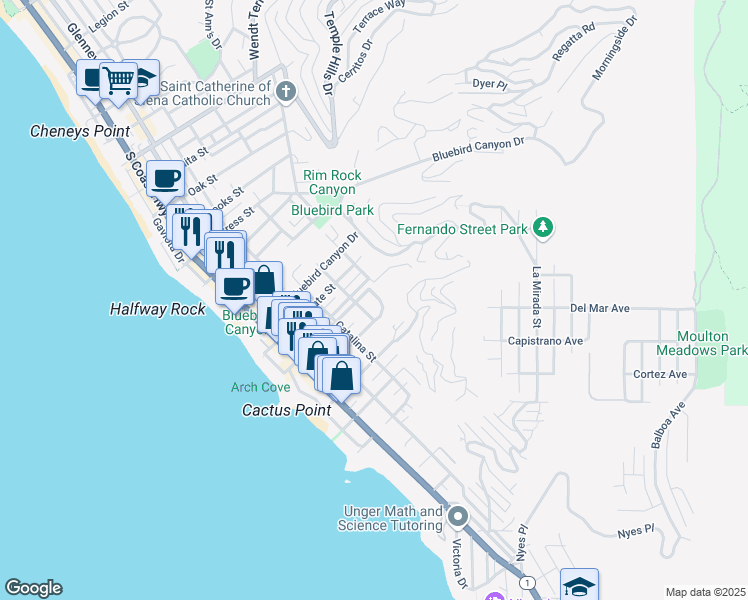map of restaurants, bars, coffee shops, grocery stores, and more near 570 Center Street in Laguna Beach
