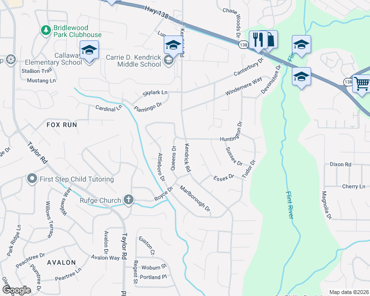 map of restaurants, bars, coffee shops, grocery stores, and more near 8183 Kendrick Road in Jonesboro