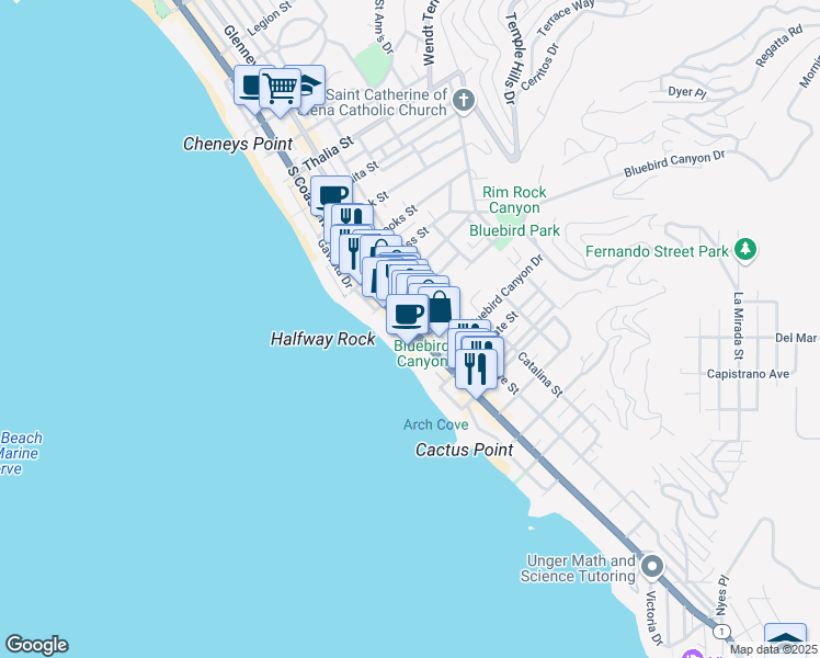 map of restaurants, bars, coffee shops, grocery stores, and more near 30824 South Coast Highway in Laguna Beach