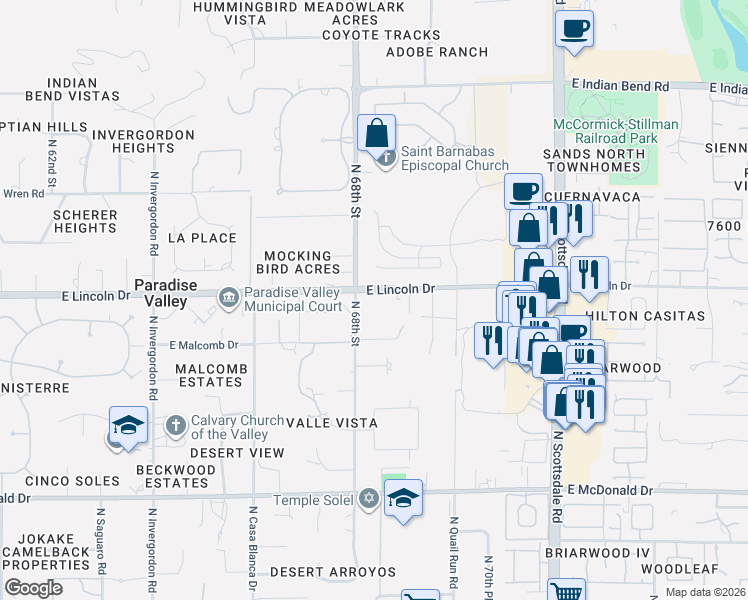 map of restaurants, bars, coffee shops, grocery stores, and more near 6837 East Lincoln Drive in Paradise Valley