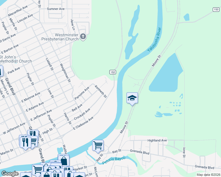 map of restaurants, bars, coffee shops, grocery stores, and more near 811 East Claiborne Avenue in Greenwood