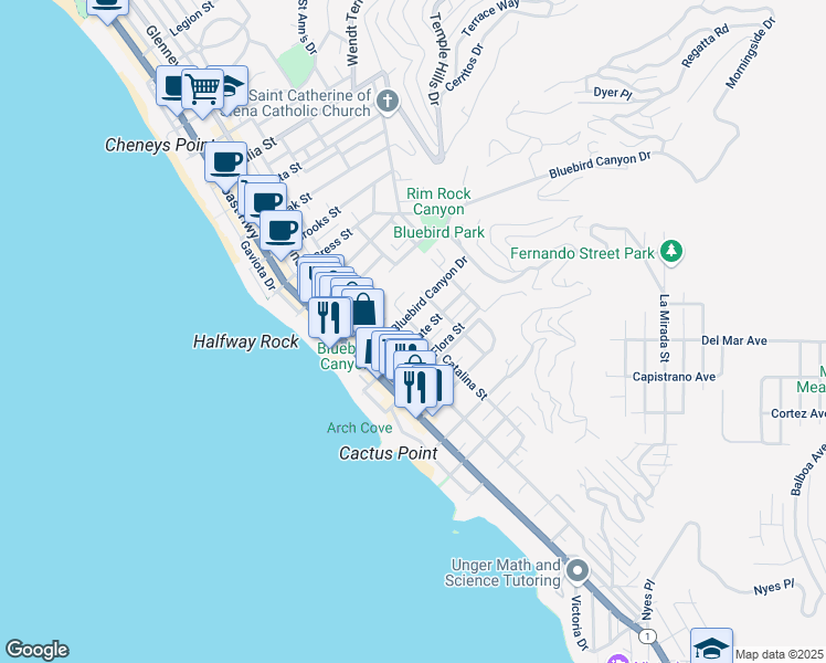 map of restaurants, bars, coffee shops, grocery stores, and more near 379 Bluebird Canyon Drive in Laguna Beach