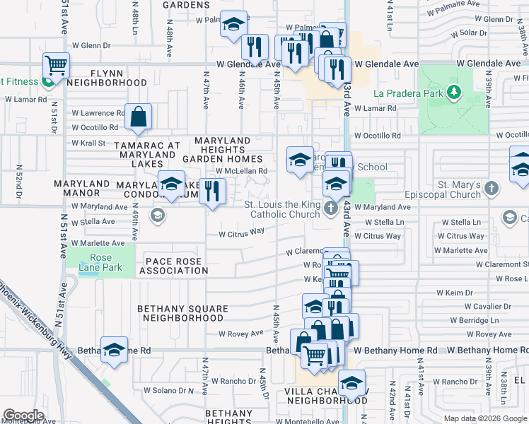 map of restaurants, bars, coffee shops, grocery stores, and more near 4511 West Maryland Avenue in Glendale