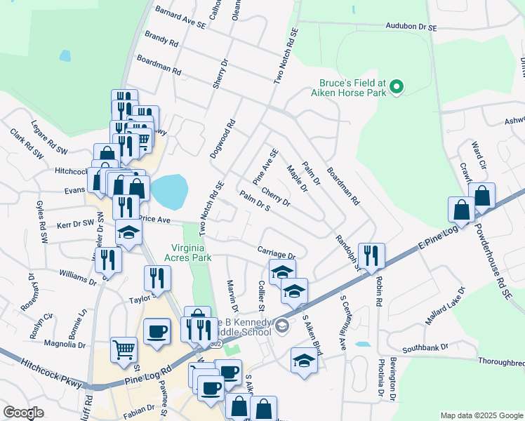 map of restaurants, bars, coffee shops, grocery stores, and more near 525 Palm Drive in Aiken