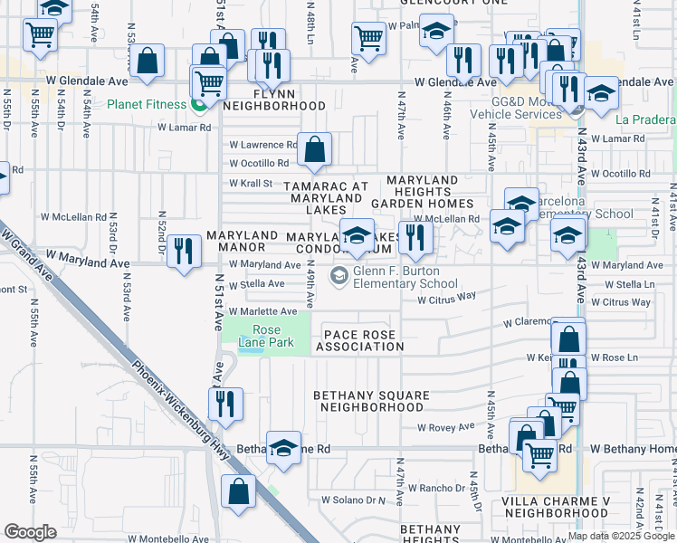 map of restaurants, bars, coffee shops, grocery stores, and more near 4801 West Maryland Avenue in Glendale