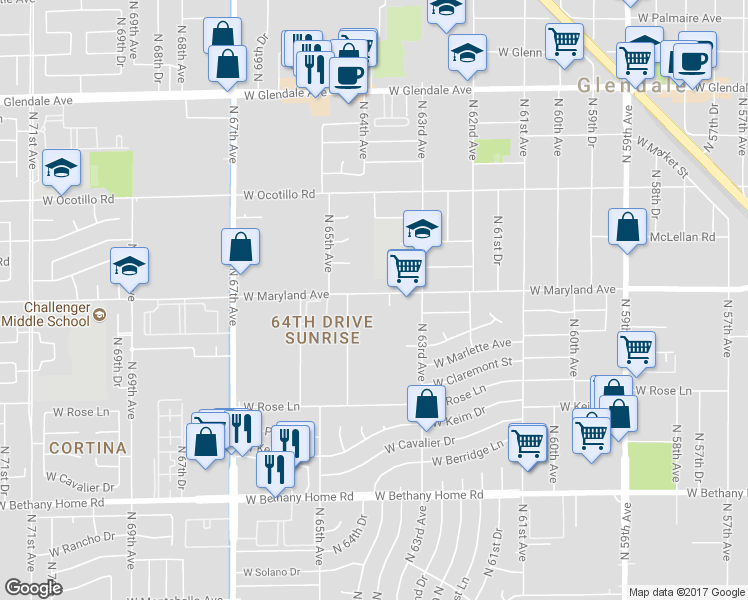 map of restaurants, bars, coffee shops, grocery stores, and more near 6347 West Maryland Avenue in Glendale