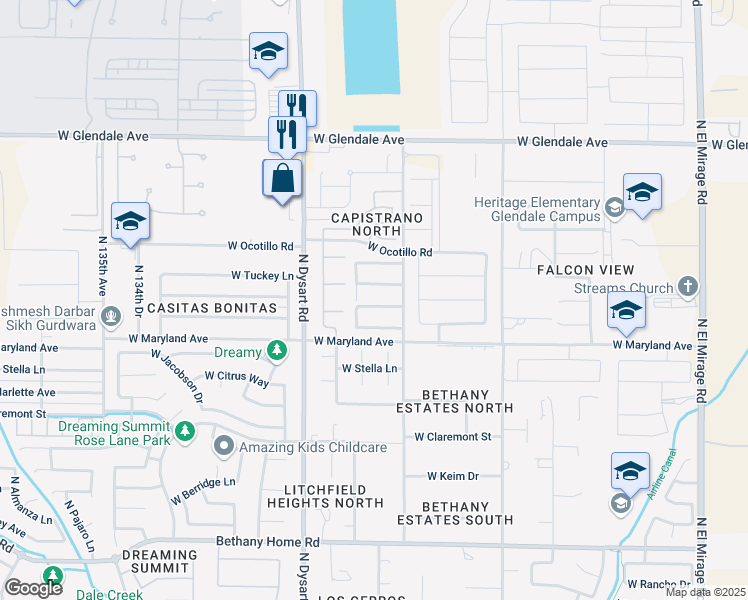 map of restaurants, bars, coffee shops, grocery stores, and more near 12930 West McLellan Road in Glendale