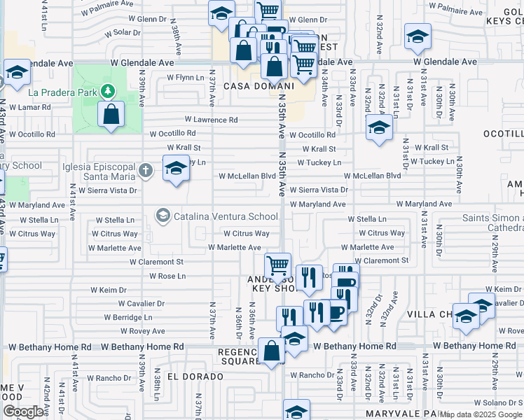 map of restaurants, bars, coffee shops, grocery stores, and more near 3525 West Maryland Avenue in Phoenix