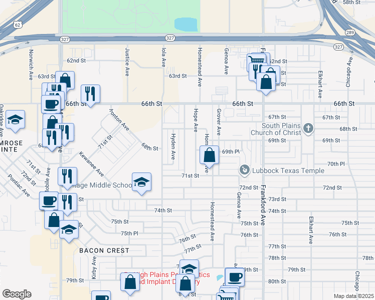 map of restaurants, bars, coffee shops, grocery stores, and more near 6817 Huron Avenue in Lubbock