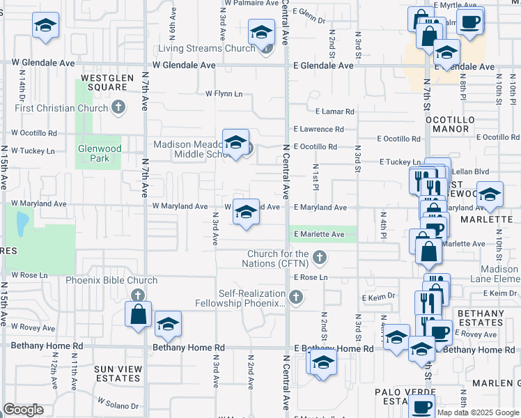 map of restaurants, bars, coffee shops, grocery stores, and more near 39 West Maryland Avenue in Phoenix