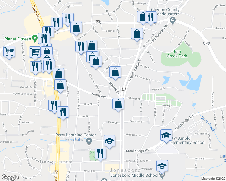 map of restaurants, bars, coffee shops, grocery stores, and more near 249 North Main Street in Jonesboro