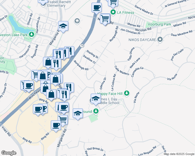 map of restaurants, bars, coffee shops, grocery stores, and more near 40217 Camino Campos Verde in Temecula