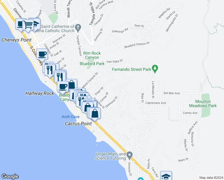 map of restaurants, bars, coffee shops, grocery stores, and more near 640 Diamond Street in Laguna Beach