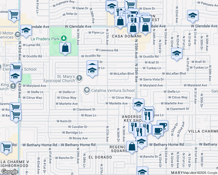 map of restaurants, bars, coffee shops, grocery stores, and more near 3643 West Maryland Avenue in Phoenix