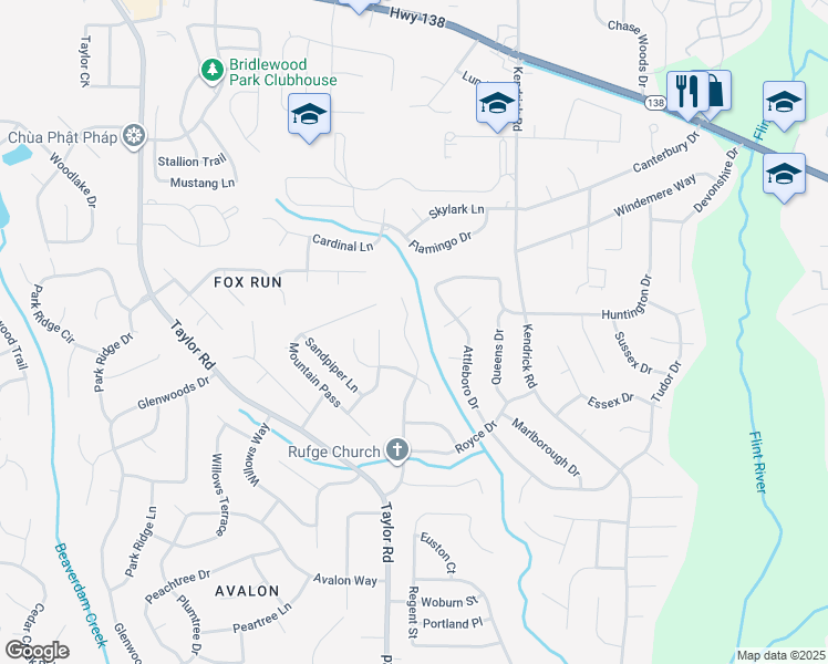 map of restaurants, bars, coffee shops, grocery stores, and more near 8184 Dunellen Ln in Jonesboro