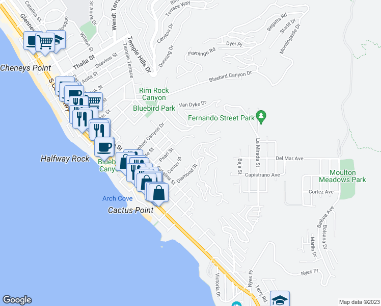 map of restaurants, bars, coffee shops, grocery stores, and more near 640 Diamond Street in Laguna Beach