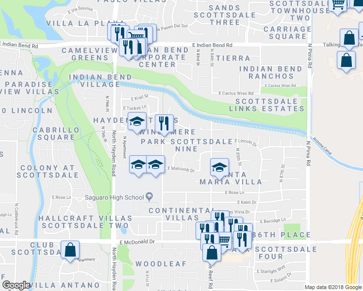 map of restaurants, bars, coffee shops, grocery stores, and more near 6419 North 82nd Way in Scottsdale