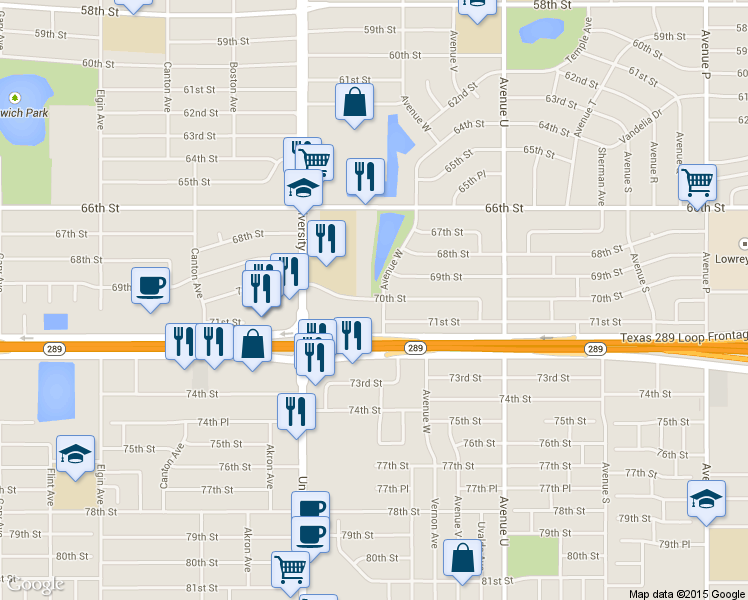 map of restaurants, bars, coffee shops, grocery stores, and more near 2309 70th Street in Lubbock