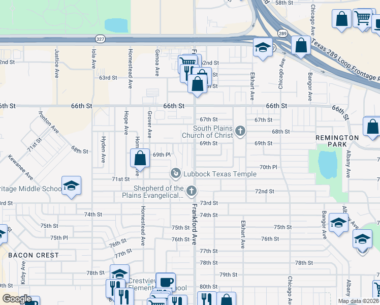 map of restaurants, bars, coffee shops, grocery stores, and more near 6907 Freeport Avenue in Lubbock