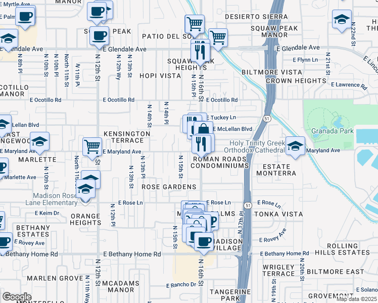 map of restaurants, bars, coffee shops, grocery stores, and more near 1535 East Maryland Avenue in Phoenix
