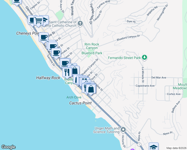 map of restaurants, bars, coffee shops, grocery stores, and more near 470 Flora Street in Laguna Beach