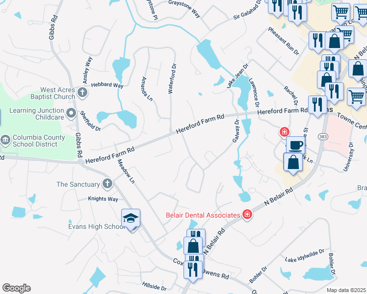 map of restaurants, bars, coffee shops, grocery stores, and more near 488 Connemara Trail in Evans