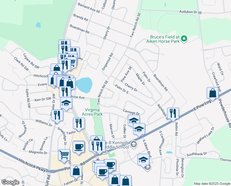 map of restaurants, bars, coffee shops, grocery stores, and more near 151 Kendallwood Court in Aiken