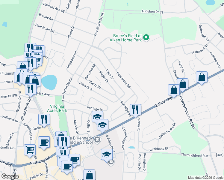 map of restaurants, bars, coffee shops, grocery stores, and more near 743 Maple Street in Aiken