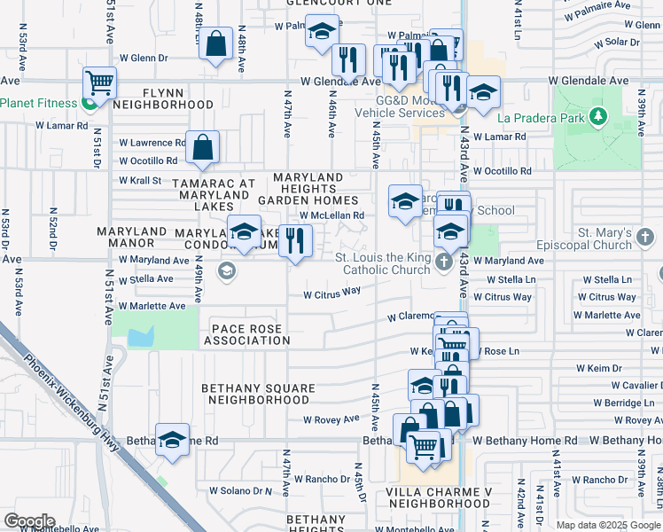 map of restaurants, bars, coffee shops, grocery stores, and more near 4543 West Maryland Avenue in Glendale