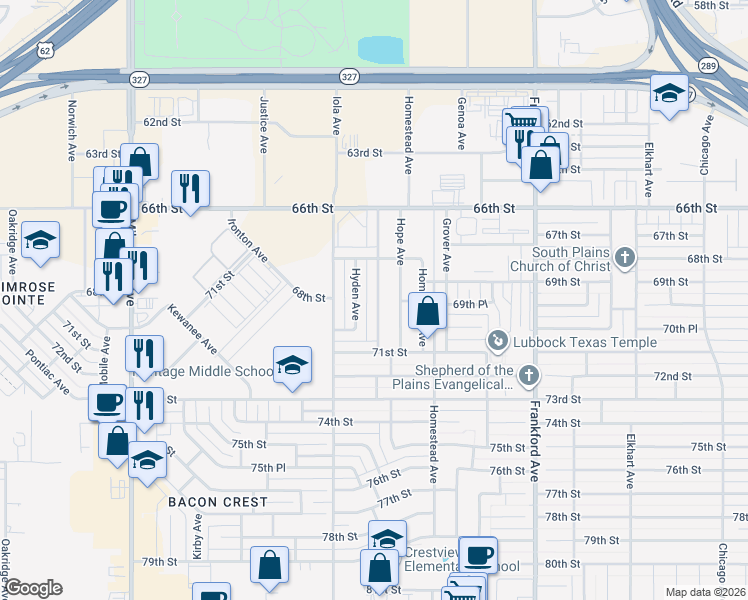 map of restaurants, bars, coffee shops, grocery stores, and more near 6817 Huron Avenue in Lubbock