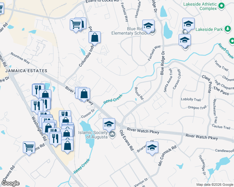 map of restaurants, bars, coffee shops, grocery stores, and more near 4361 River Watch Parkway in Evans
