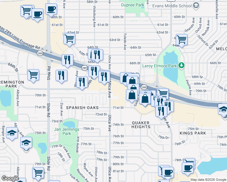 map of restaurants, bars, coffee shops, grocery stores, and more near 4717 South Loop 289 in Lubbock
