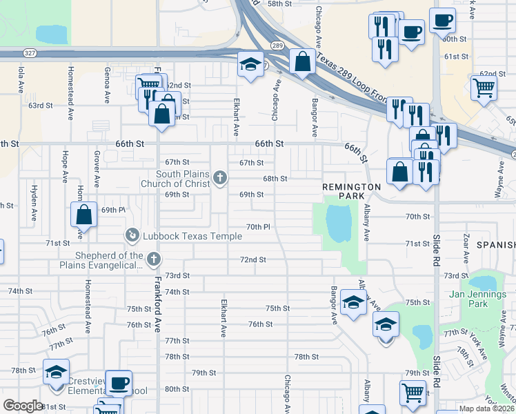 map of restaurants, bars, coffee shops, grocery stores, and more near 5510 Dover Avenue in Lubbock