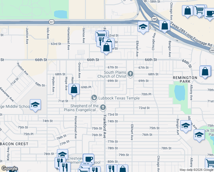 map of restaurants, bars, coffee shops, grocery stores, and more near 6907 Freeport Avenue in Lubbock