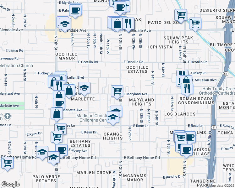map of restaurants, bars, coffee shops, grocery stores, and more near in Phoenix