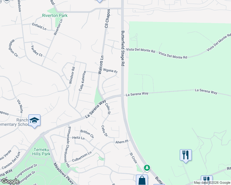 map of restaurants, bars, coffee shops, grocery stores, and more near 31967 Luzon Street in Temecula